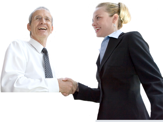 Business women shaking hands with science professional.