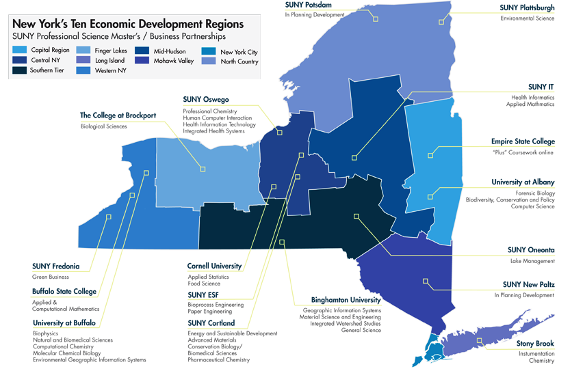 New York State map with SUNY colleges locations